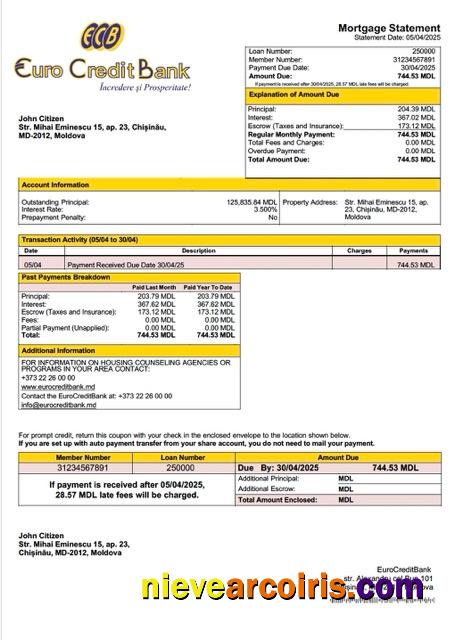 Moldova EuroCreditBank mortgage statement Word and PDF template